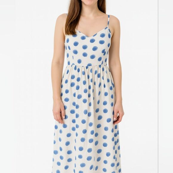 H&M Polka Dot Vneck Smocked Spaghetti Straps Blue White Knee Length XS Pull On - Picture 1 of 7